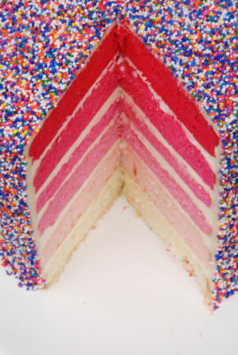 Perfect pink ombre cake with rainbow sprinkles for a birthday or Mother's Day